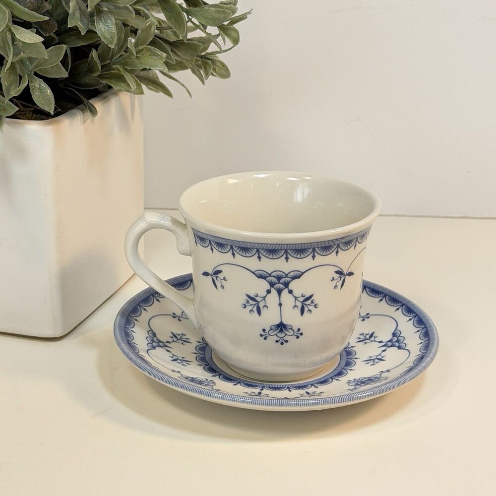 Queen’s Ingrid Teacup And Saucer Blue & White Cottage Made In England